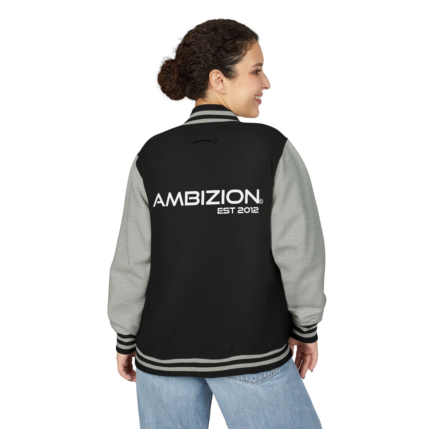 Ambizion Apparel Signature White Logo Letterman Jacket | Black White Varsity Jacket
