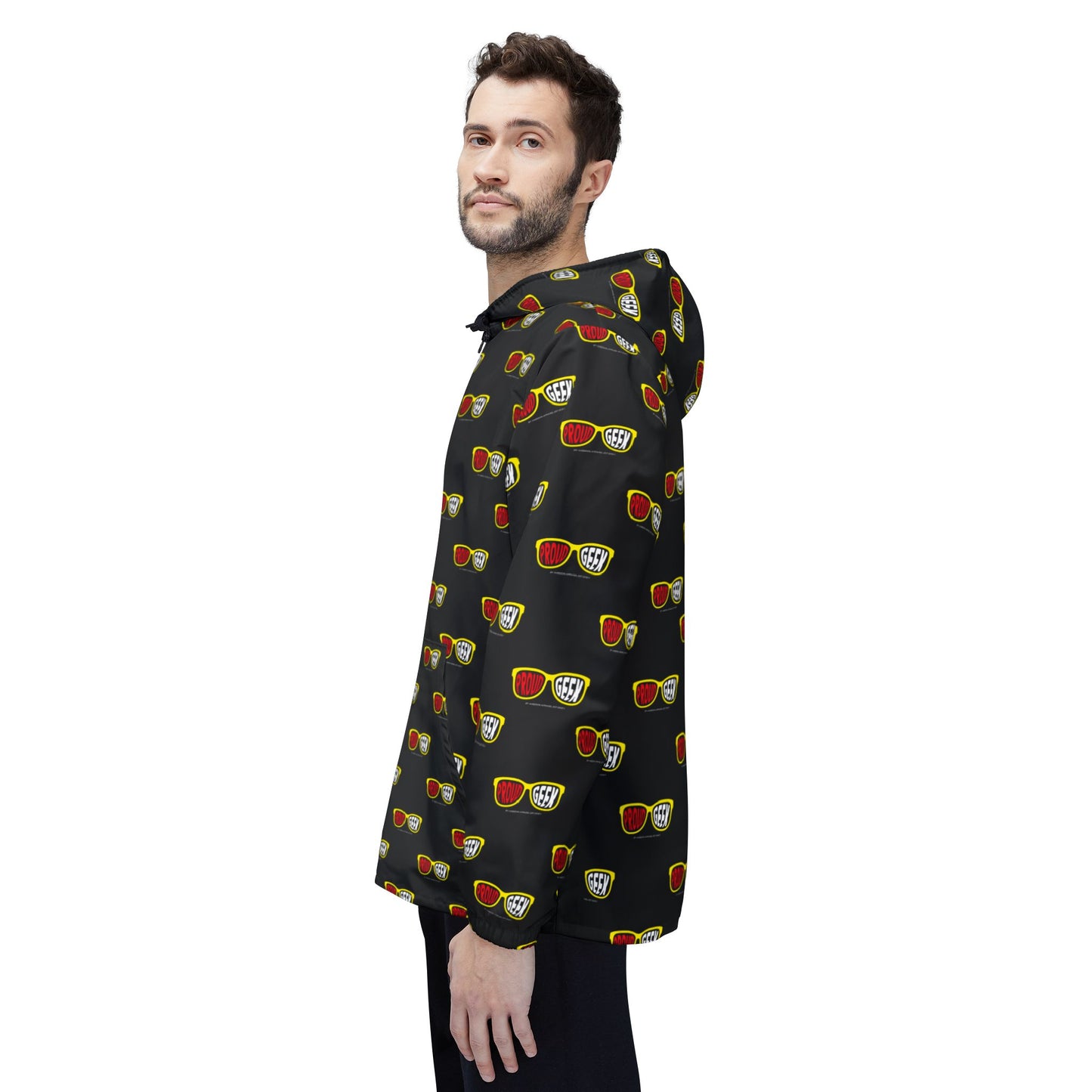 Proud Geek repeat logo Windbreaker Jacket | all-over print Black