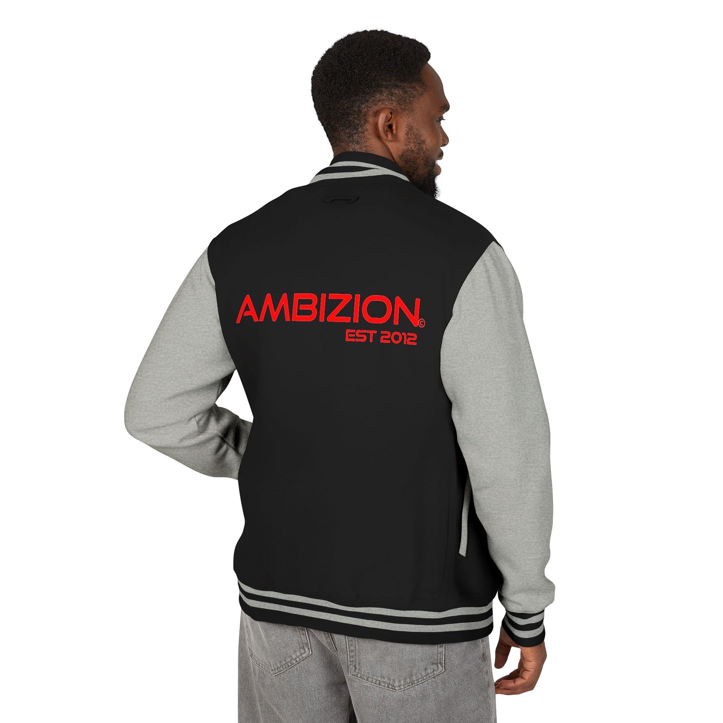 Ambizion Apparel Signature Red Logo Letterman Jacket | Black White Varsity Jacket