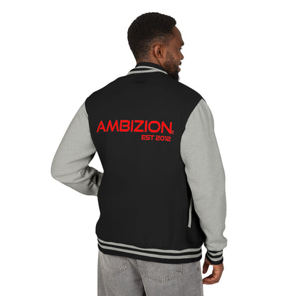 Ambizion Apparel Signature Red Logo Letterman Jacket | Black White Varsity Jacket
