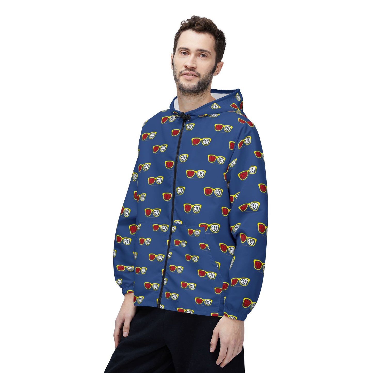 Proud Geek repeat logo Windbreaker Jacket | all-over print Blue