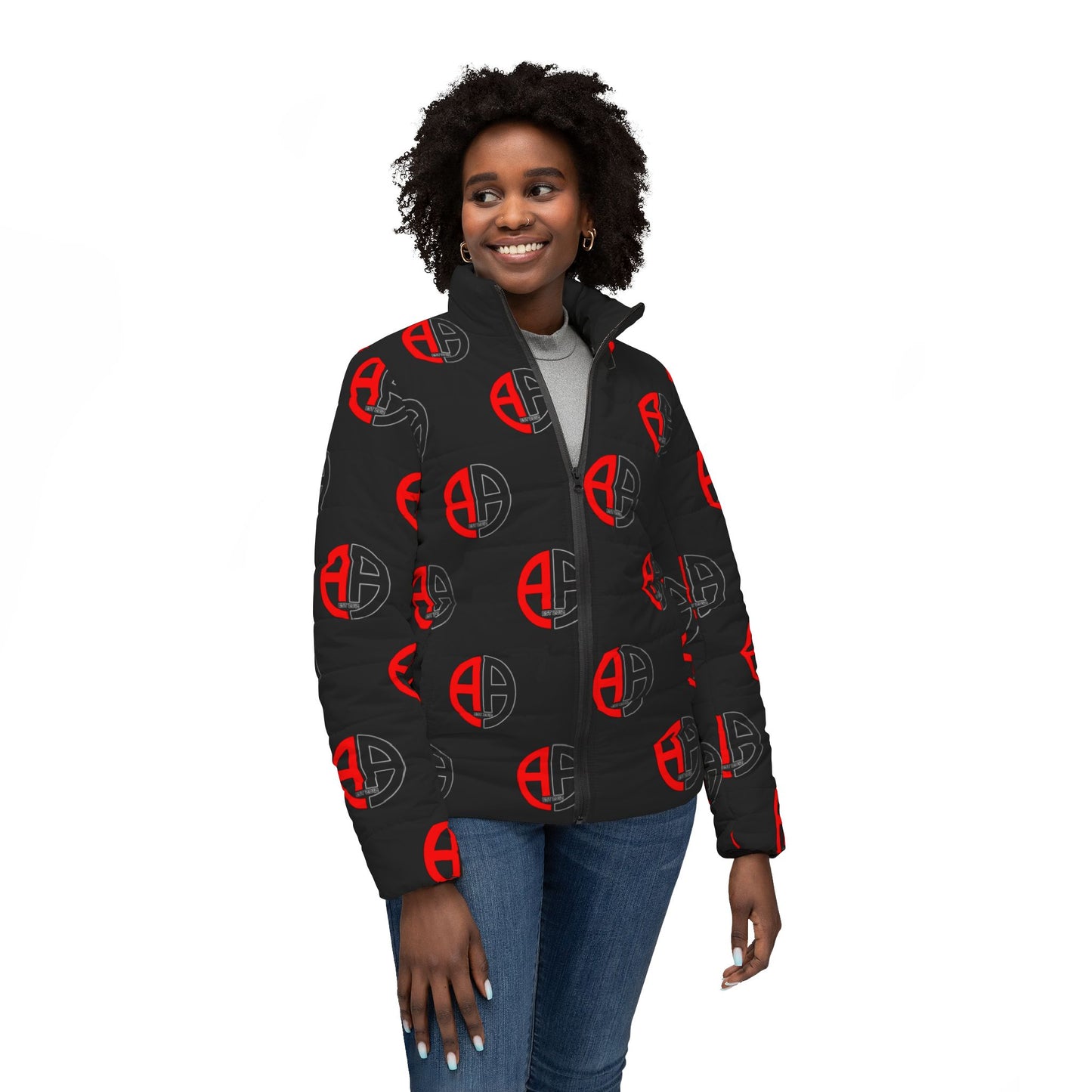 Ambizion Apparel Signature Monogram Black Collar Puffer Jacket- Black