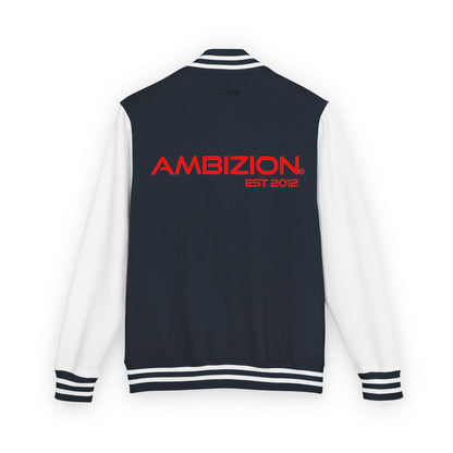 Ambizion Apparel Signature Red Logo Letterman Jacket | Black White Varsity Jacket