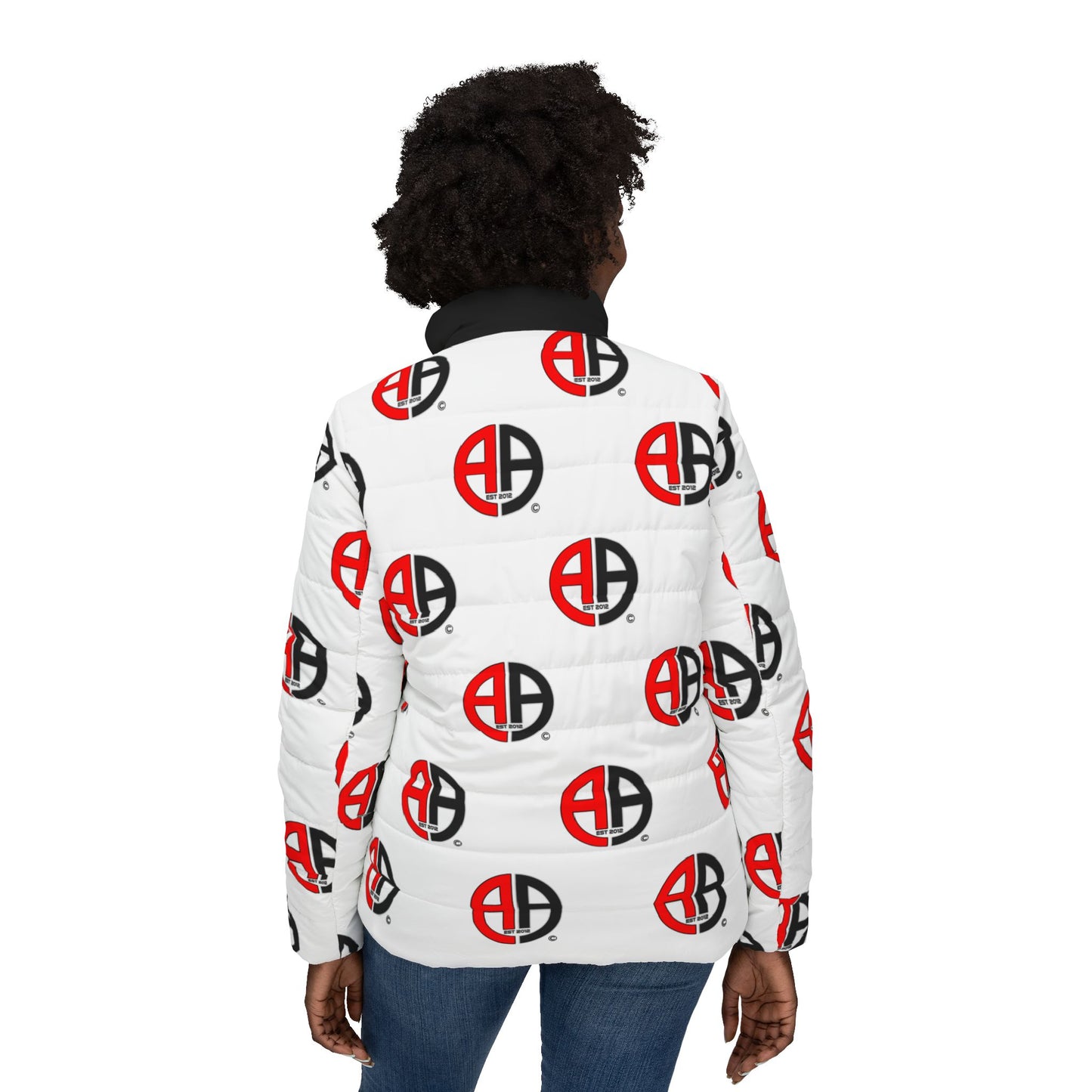 Ambizion Apparel Signature Monogram Black Collar Puffer Jacket- White