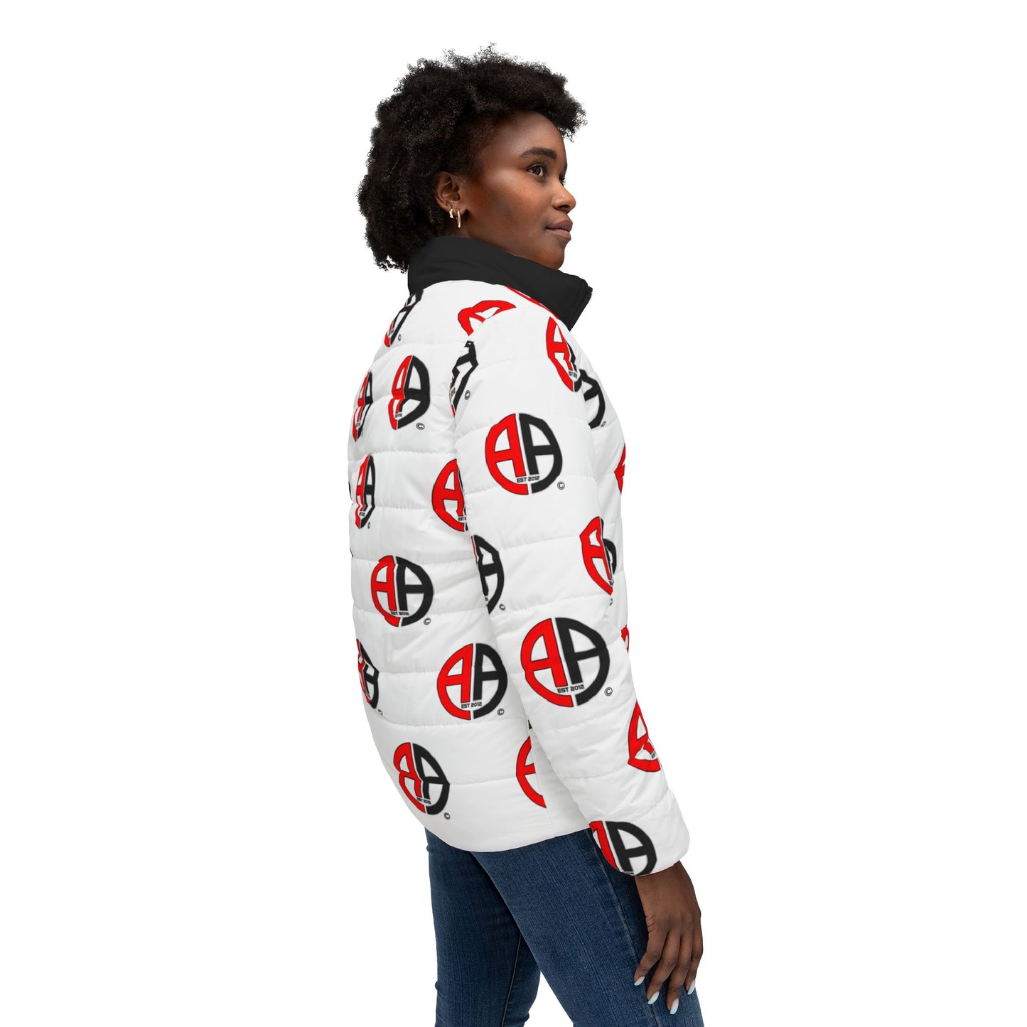 Ambizion Apparel Signature Monogram Black Collar Puffer Jacket- White