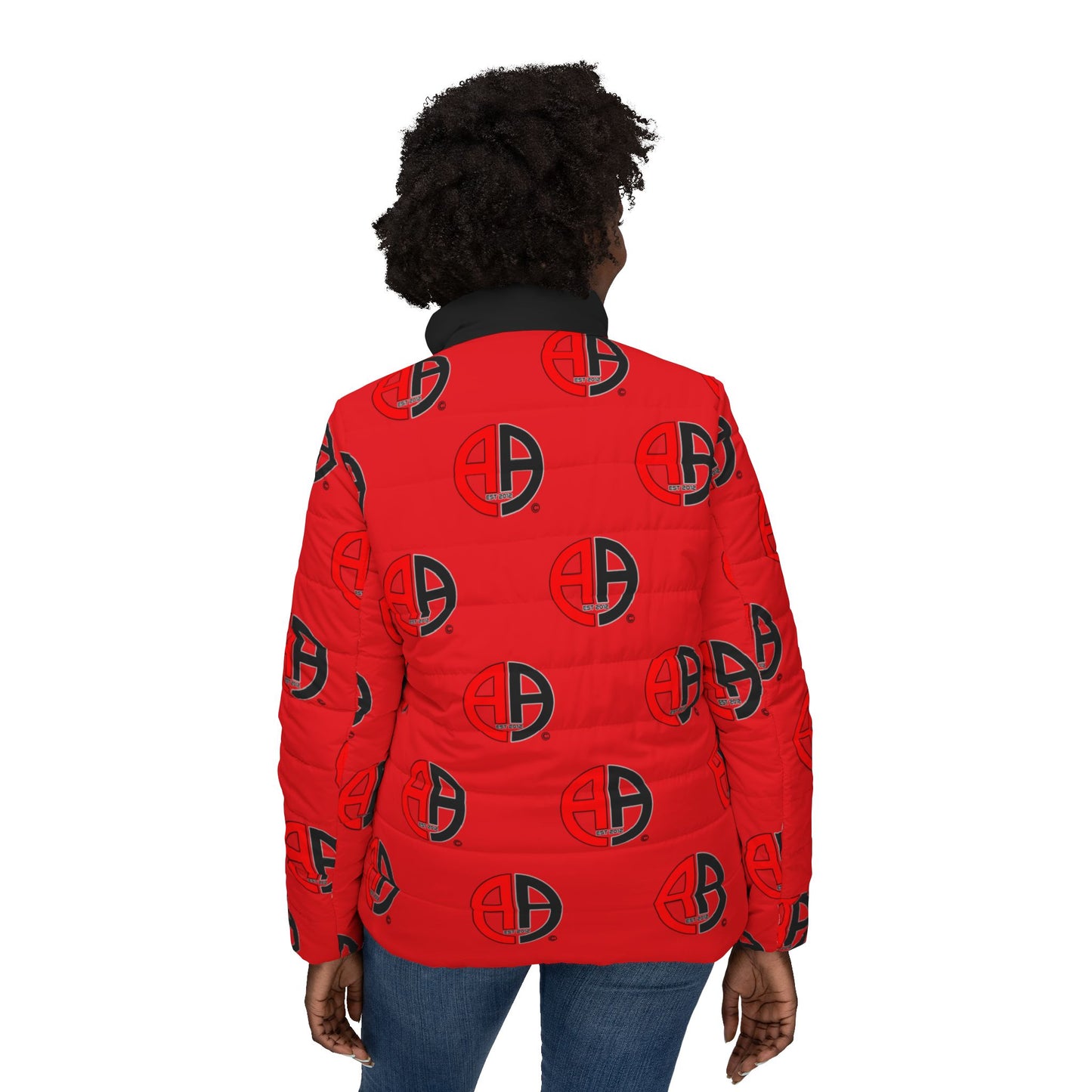 Ambizion Apparel Signature Monogram Black Collar Puffer Jacket- Red