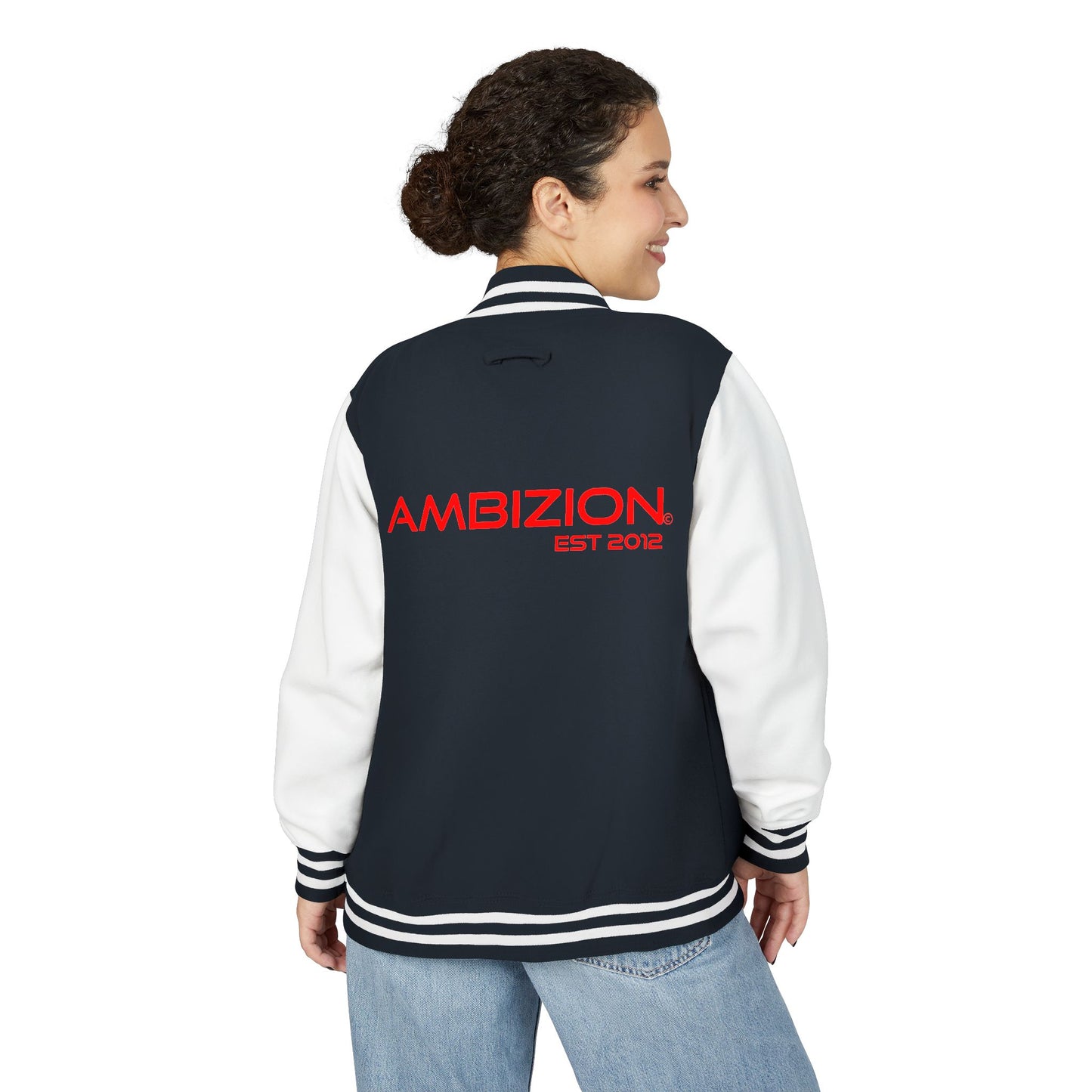Ambizion Apparel Signature Red Logo Letterman Jacket | Black White Varsity Jacket