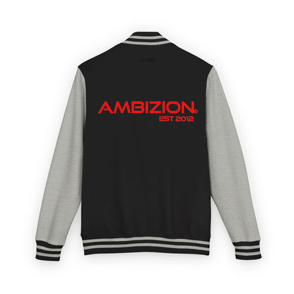 Ambizion Apparel Signature Red Logo Letterman Jacket | Black White Varsity Jacket