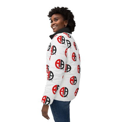 Ambizion Apparel Signature Monogram Black Collar Puffer Jacket- White