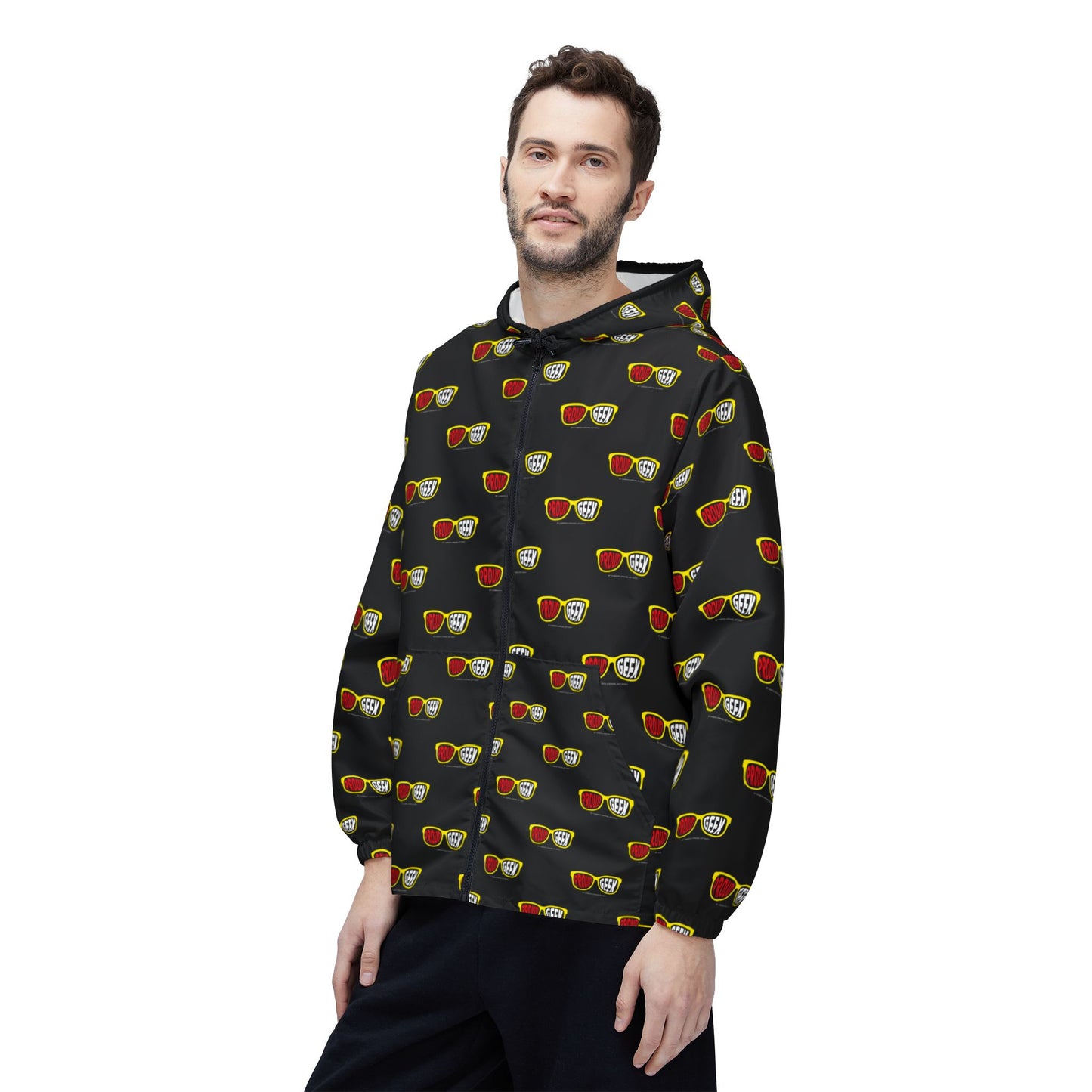 Proud Geek repeat logo Windbreaker Jacket | all-over print Black