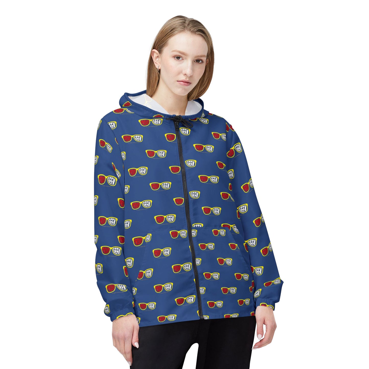 Proud Geek repeat logo Windbreaker Jacket | all-over print Blue