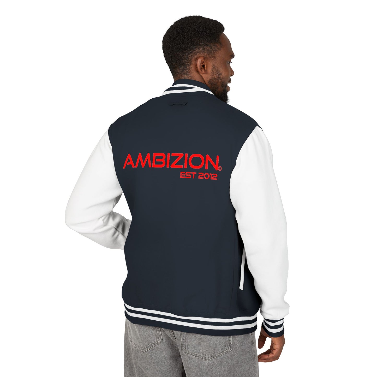 Ambizion Apparel Signature Red Logo Letterman Jacket | Black White Varsity Jacket