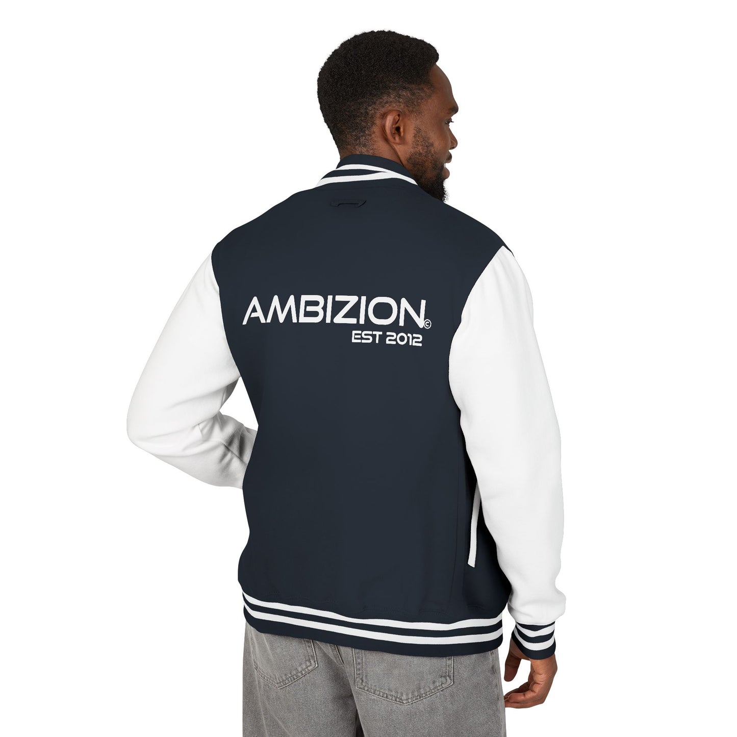 Ambizion Apparel Signature White Logo Letterman Jacket | Black White Varsity Jacket