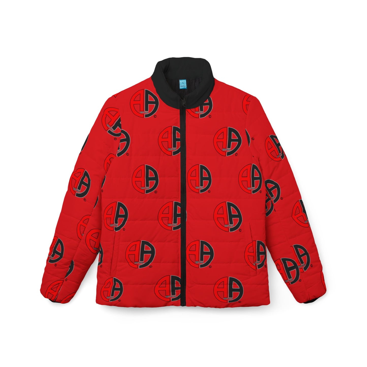 Ambizion Apparel Signature Monogram Black Collar Puffer Jacket- Red
