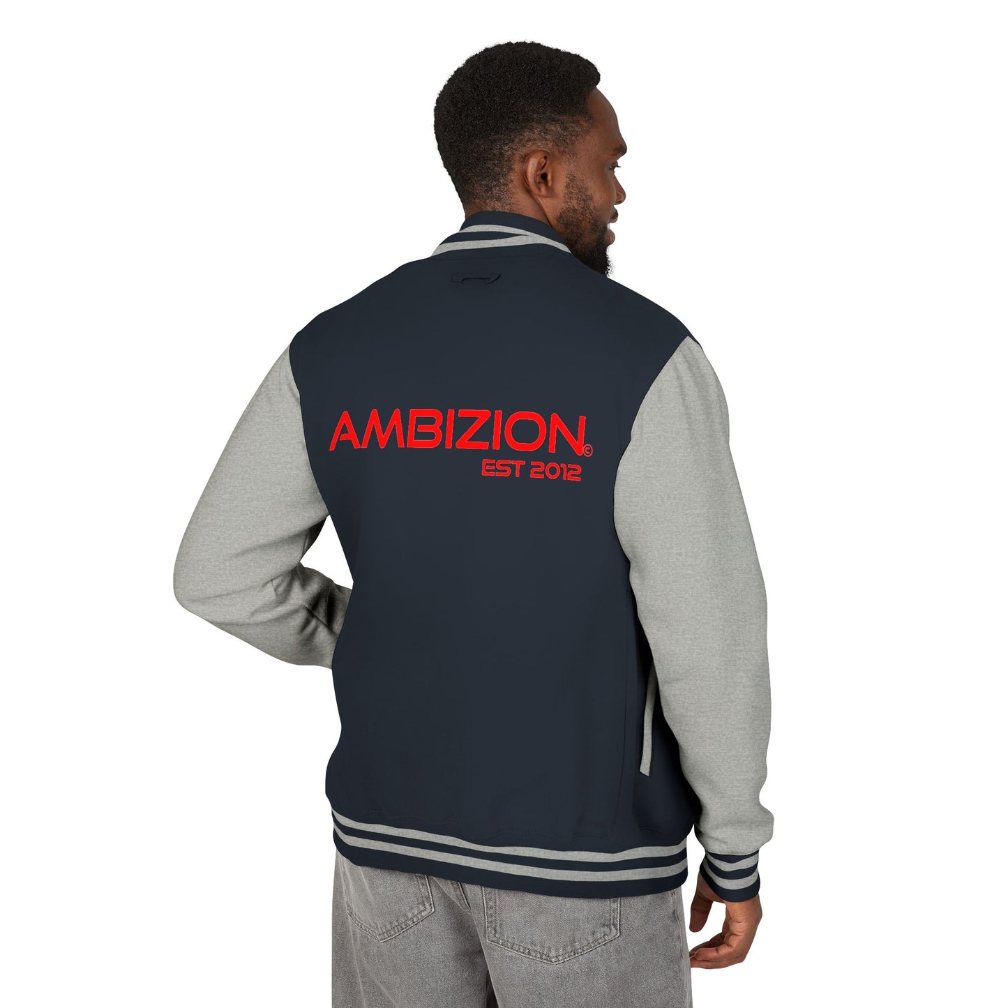 Ambizion Apparel Signature Red Logo Letterman Jacket | Black White Varsity Jacket