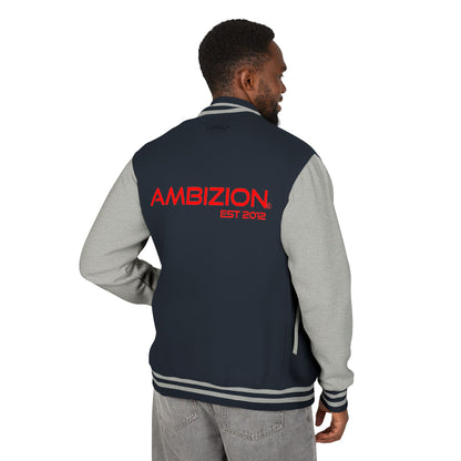 Ambizion Apparel Signature Red Logo Letterman Jacket | Black White Varsity Jacket