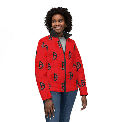 Ambizion Apparel Signature Monogram Black Collar Puffer Jacket- Red