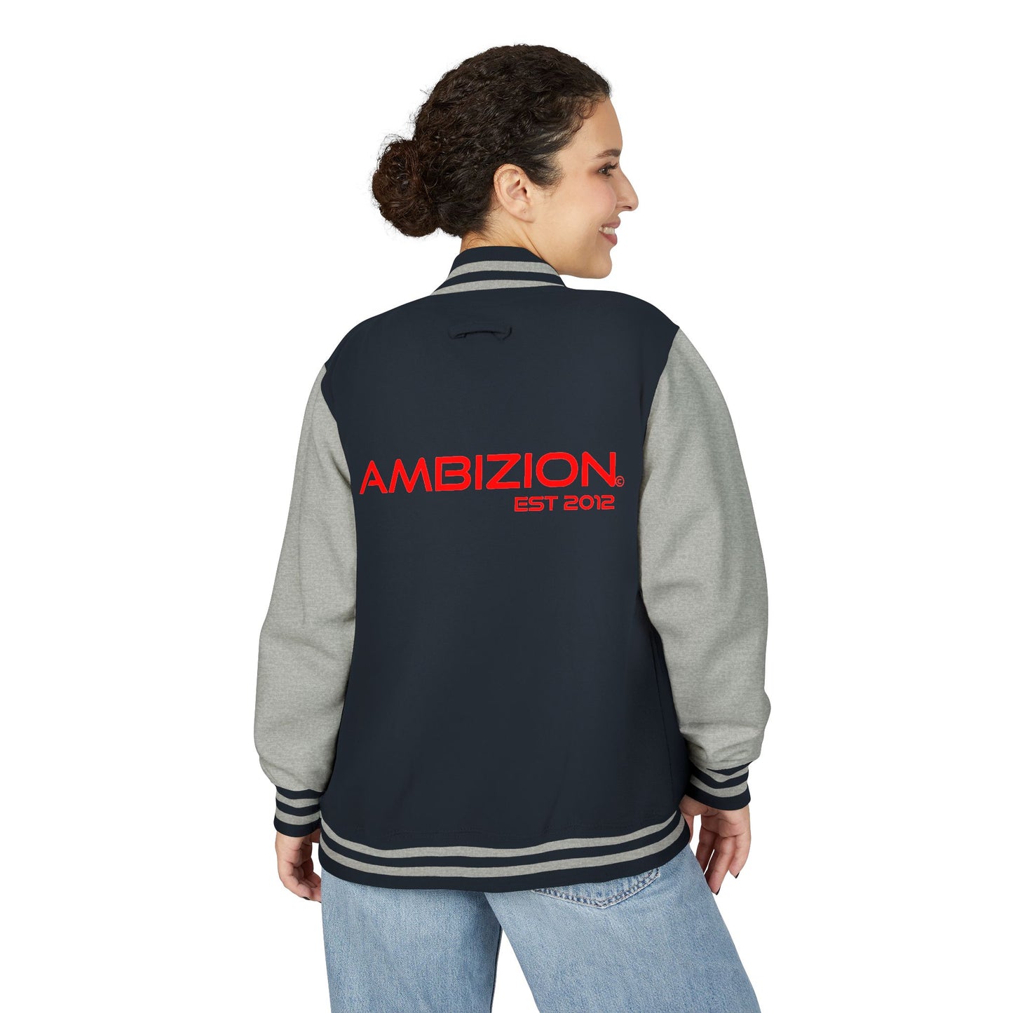 Ambizion Apparel Signature Red Logo Letterman Jacket | Black White Varsity Jacket