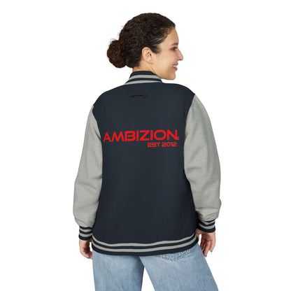 Ambizion Apparel Signature Red Logo Letterman Jacket | Black White Varsity Jacket