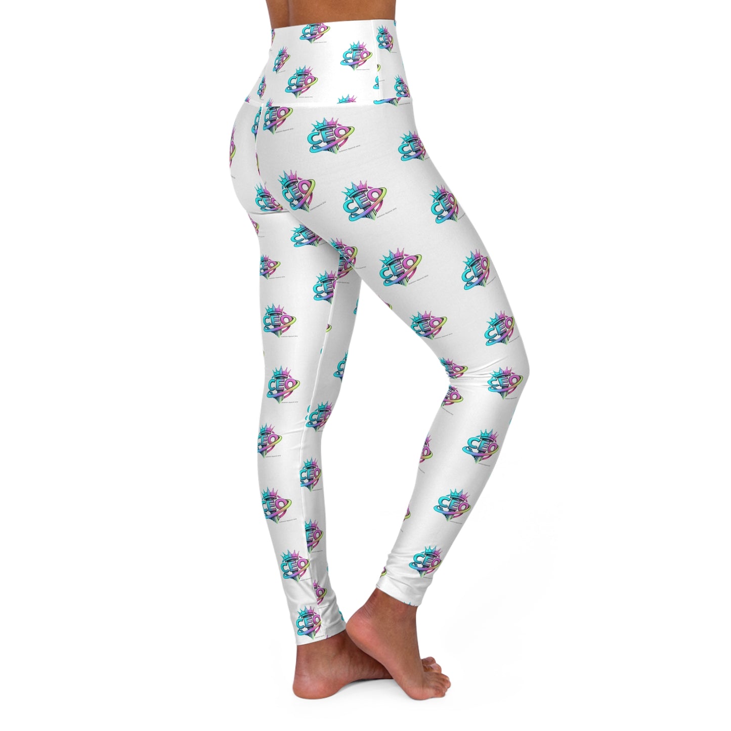 CEO White High-Waisted Yoga Leggings — All-Over Print