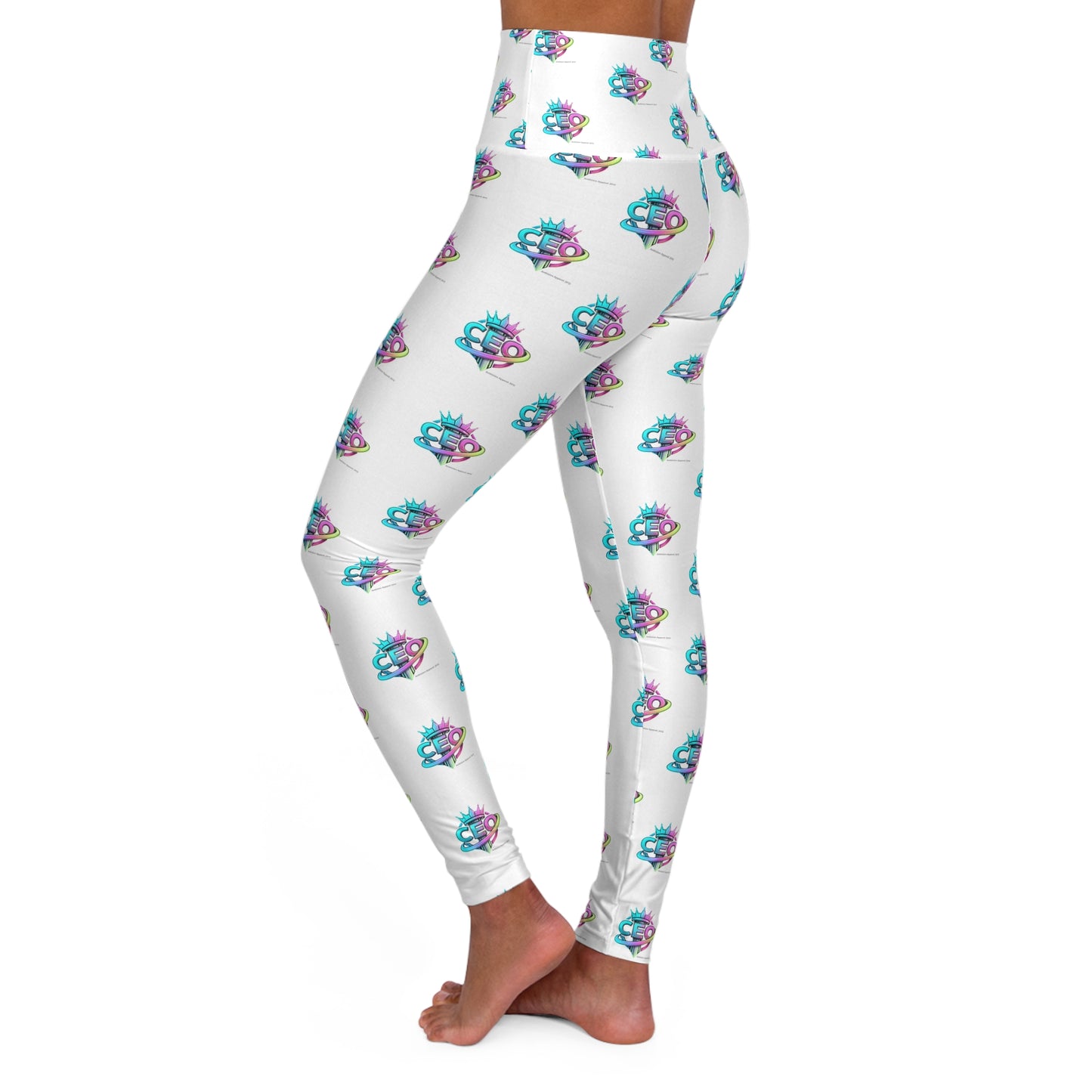 CEO White High-Waisted Yoga Leggings — All-Over Print