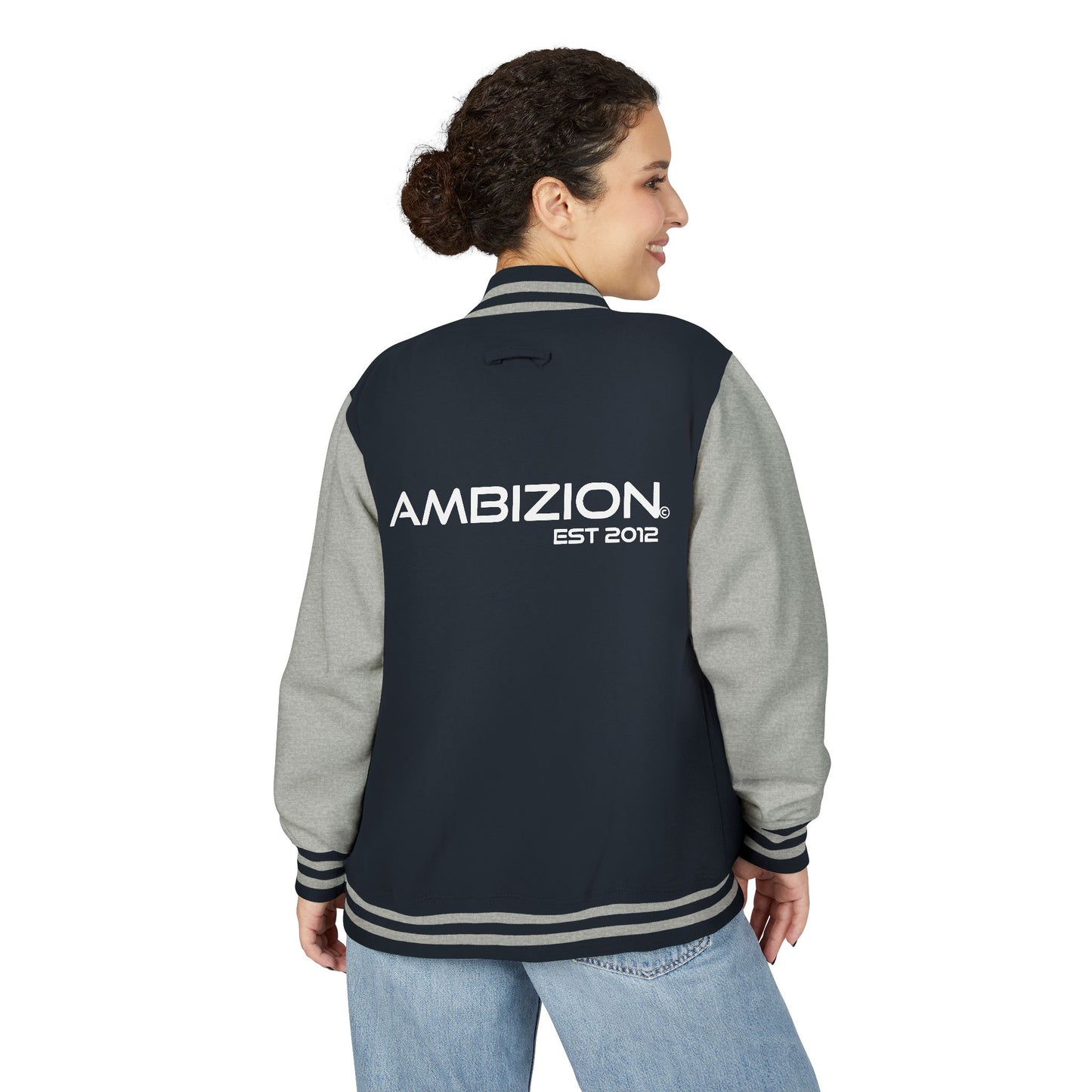 Ambizion Apparel Signature White Logo Letterman Jacket | Black White Varsity Jacket