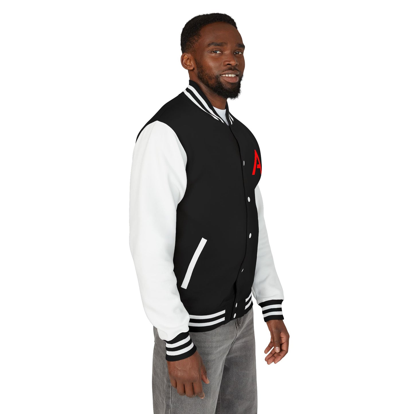 Ambizion Apparel Signature Red Logo Letterman Jacket | Black White Varsity Jacket