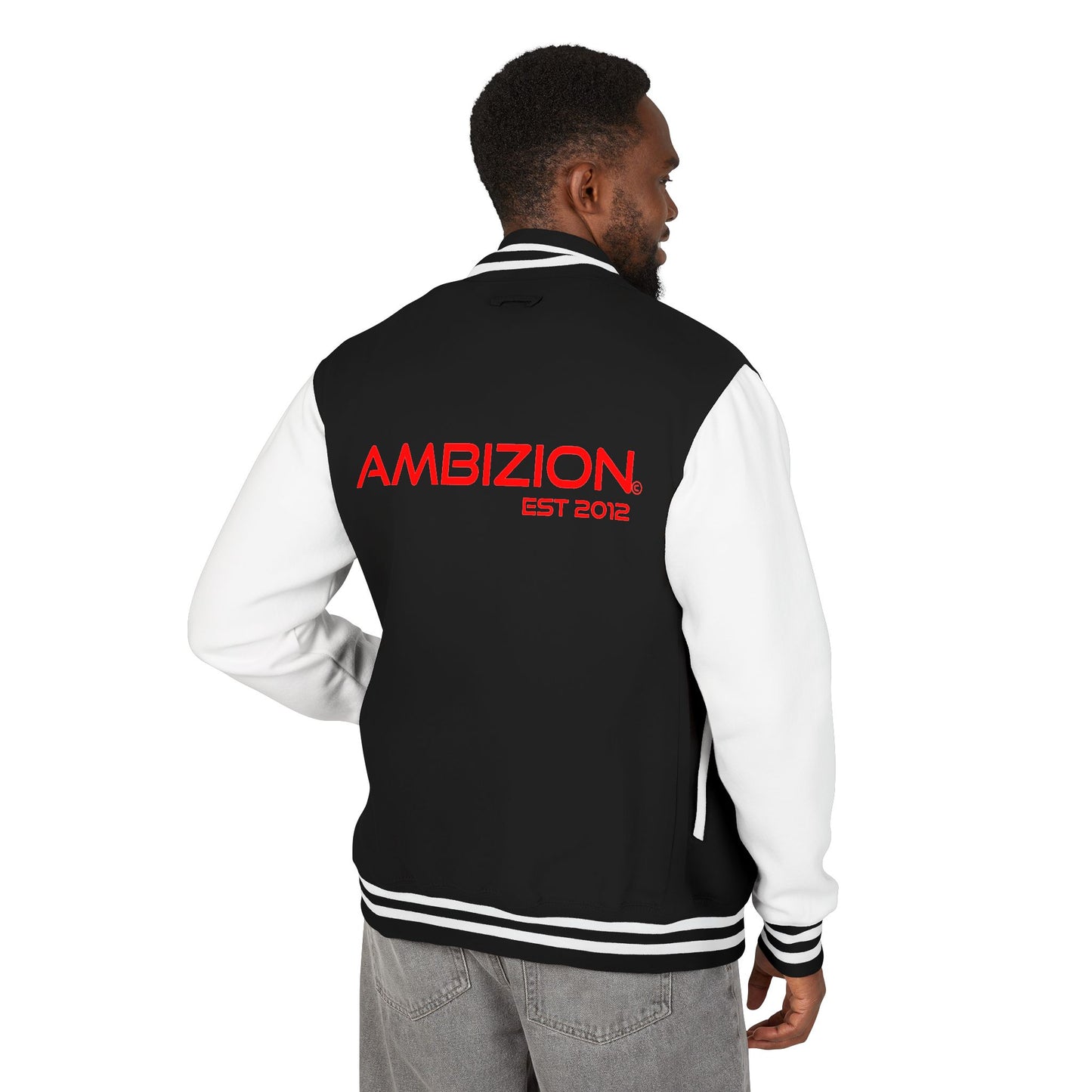 Ambizion Apparel Signature Red Logo Letterman Jacket | Black White Varsity Jacket