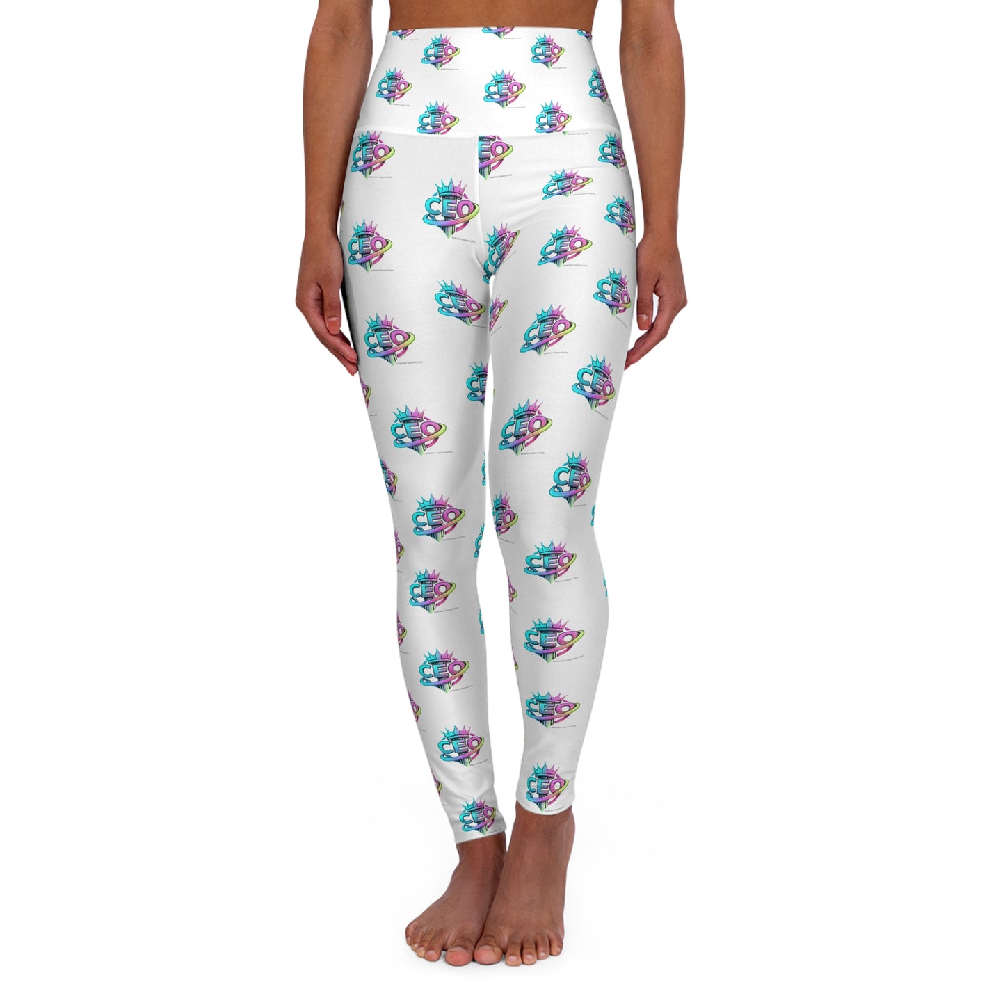 CEO White High-Waisted Yoga Leggings — All-Over Print