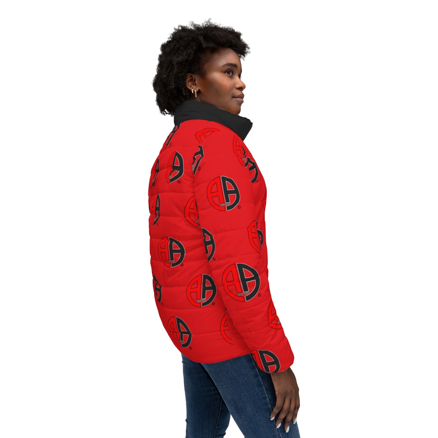 Ambizion Apparel Signature Monogram Black Collar Puffer Jacket- Red