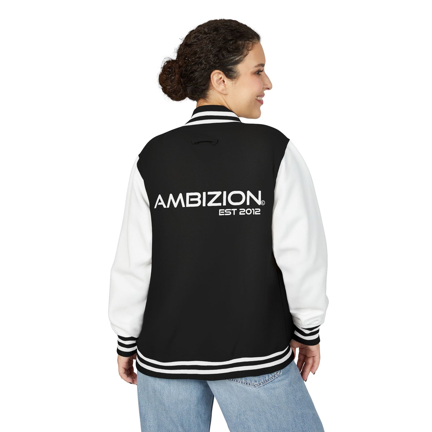 Ambizion Apparel Signature White Logo Letterman Jacket | Black White Varsity Jacket