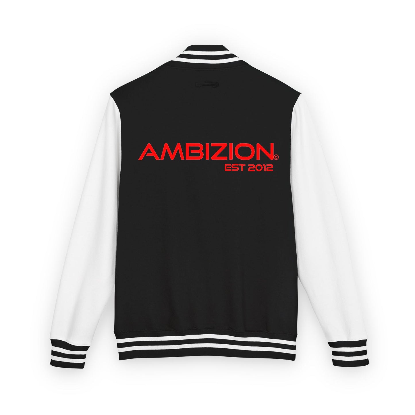 Ambizion Apparel Signature Red Logo Letterman Jacket | Black White Varsity Jacket