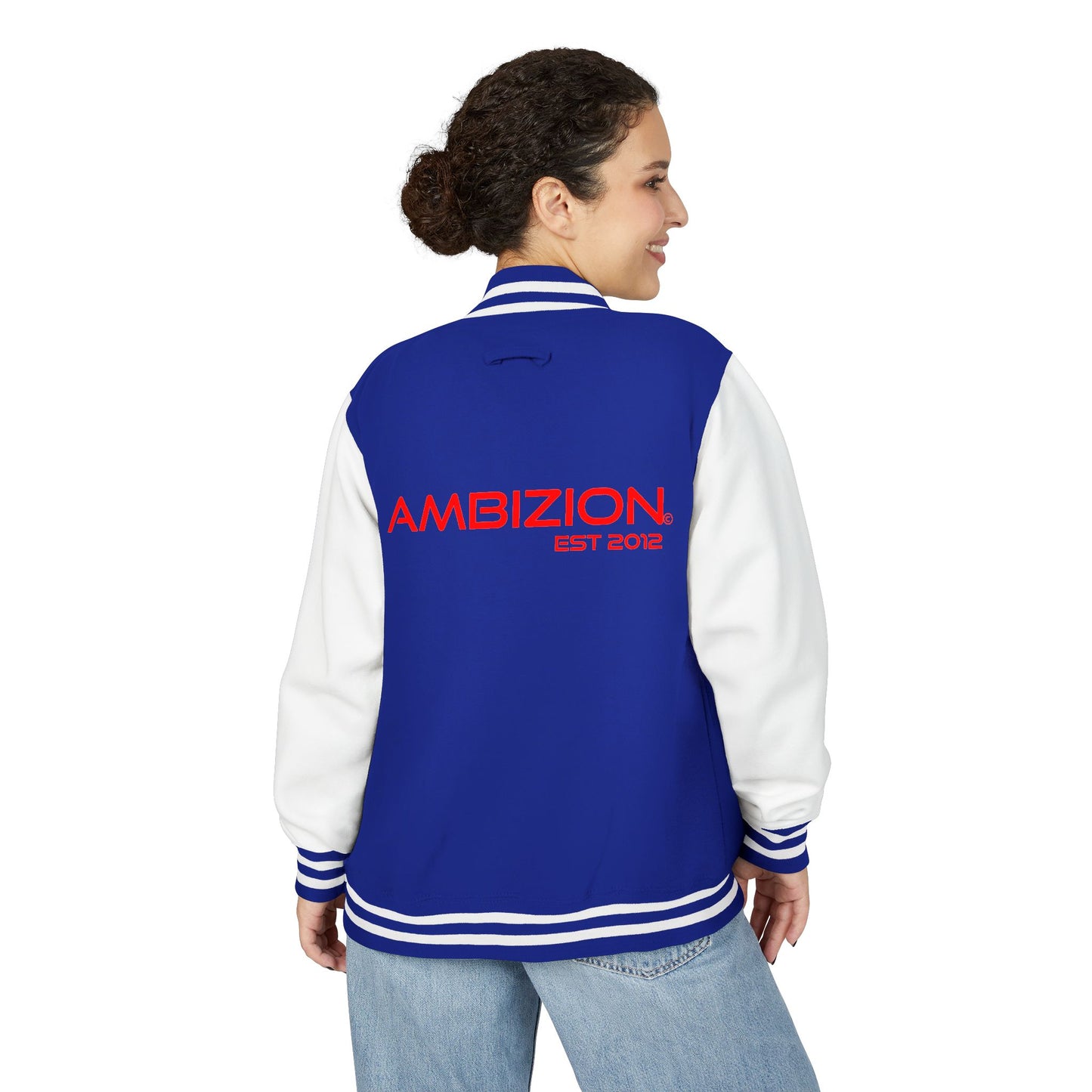 Ambizion Apparel Signature Red Logo Letterman Jacket | Black White Varsity Jacket